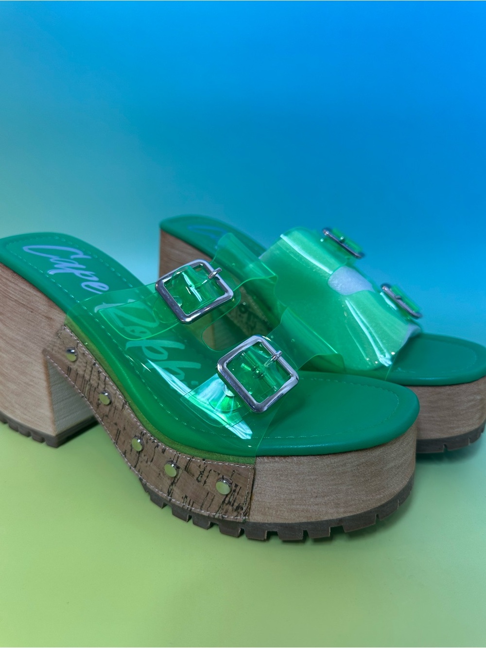 Cape Robbin Green Clear Double Buckle Platform Slide Sandals Women’s Mule